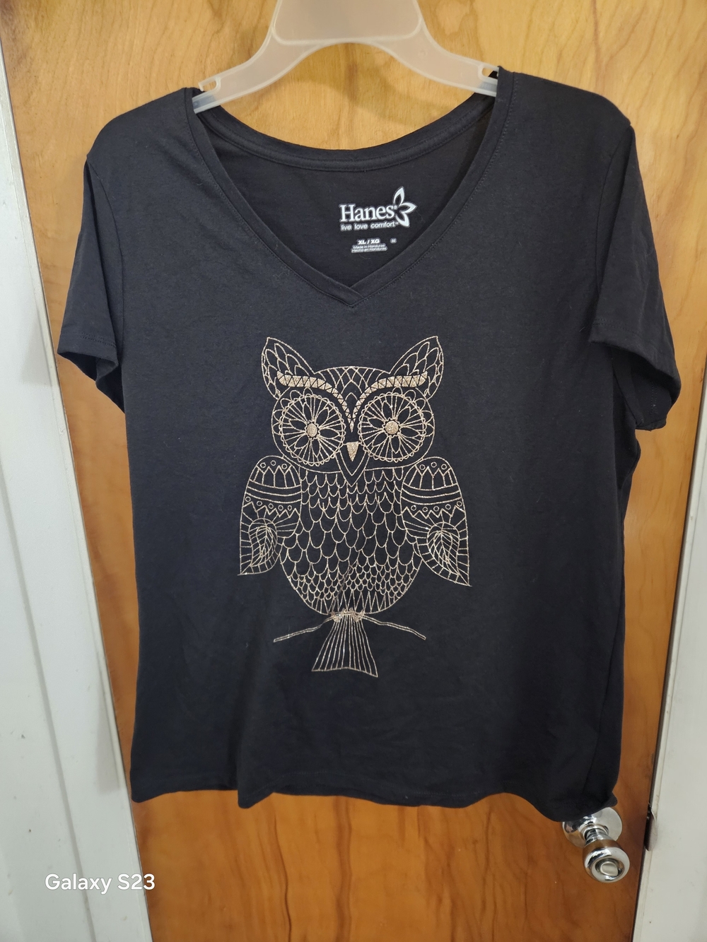 Hanes Black Short Sleeve V-Neck Tee with Gold Owl Outline